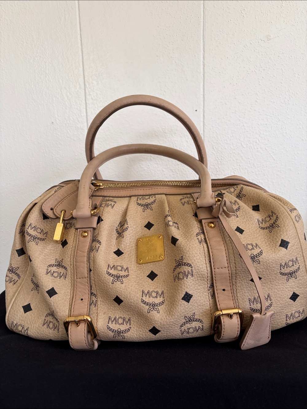 MCM Beige Visetos Monogram Leather-Trim Satchel